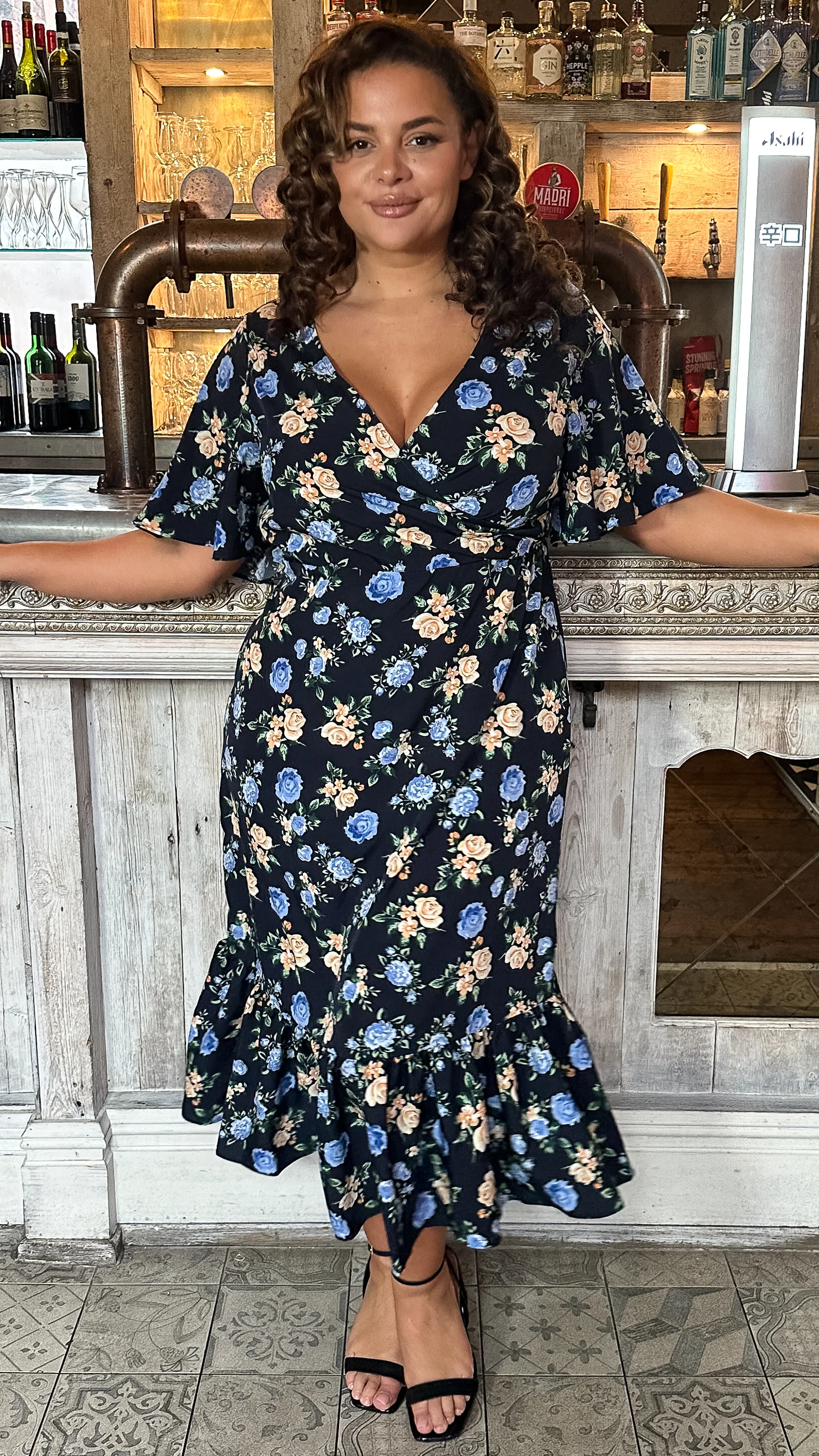 CurveWow Wrap Smock Midi Dress Blue Floral - Image 5
