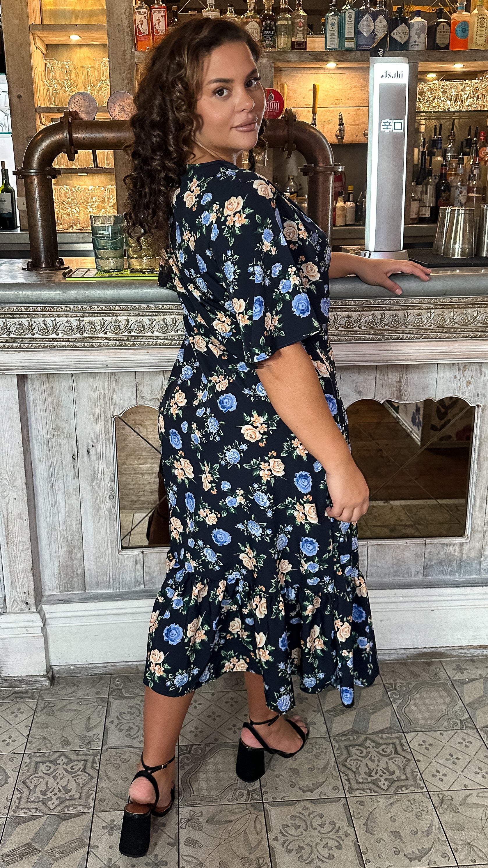 CurveWow Wrap Smock Midi Dress Blue Floral - Image 6