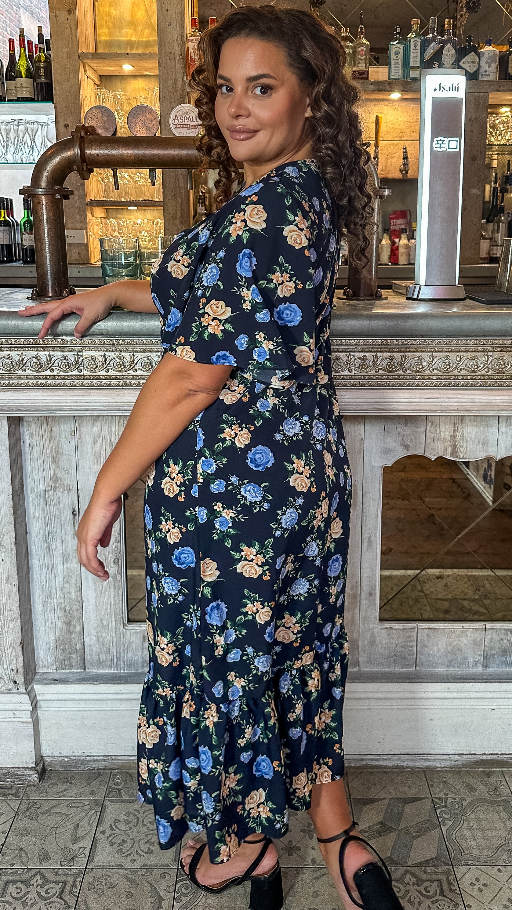 CurveWow Wrap Smock Midi Dress Blue Floral - Image 7