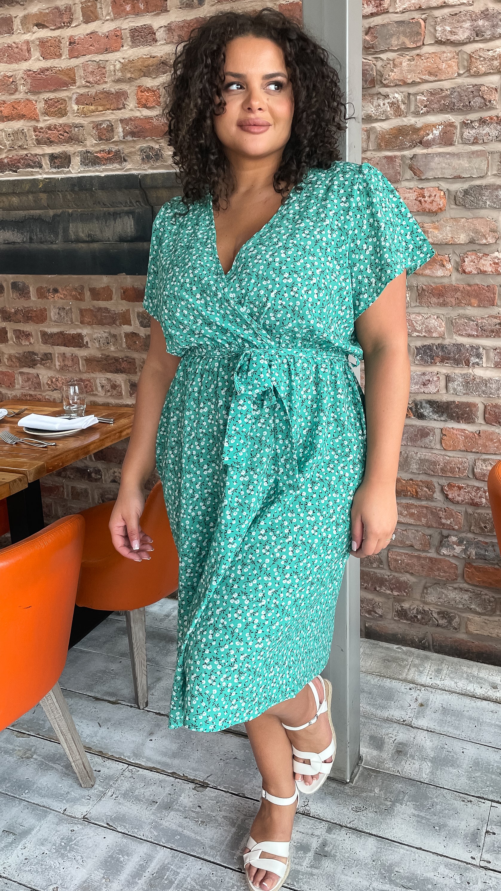 CurveWow Wrap Tea Dress Green Ditsy - Image 3