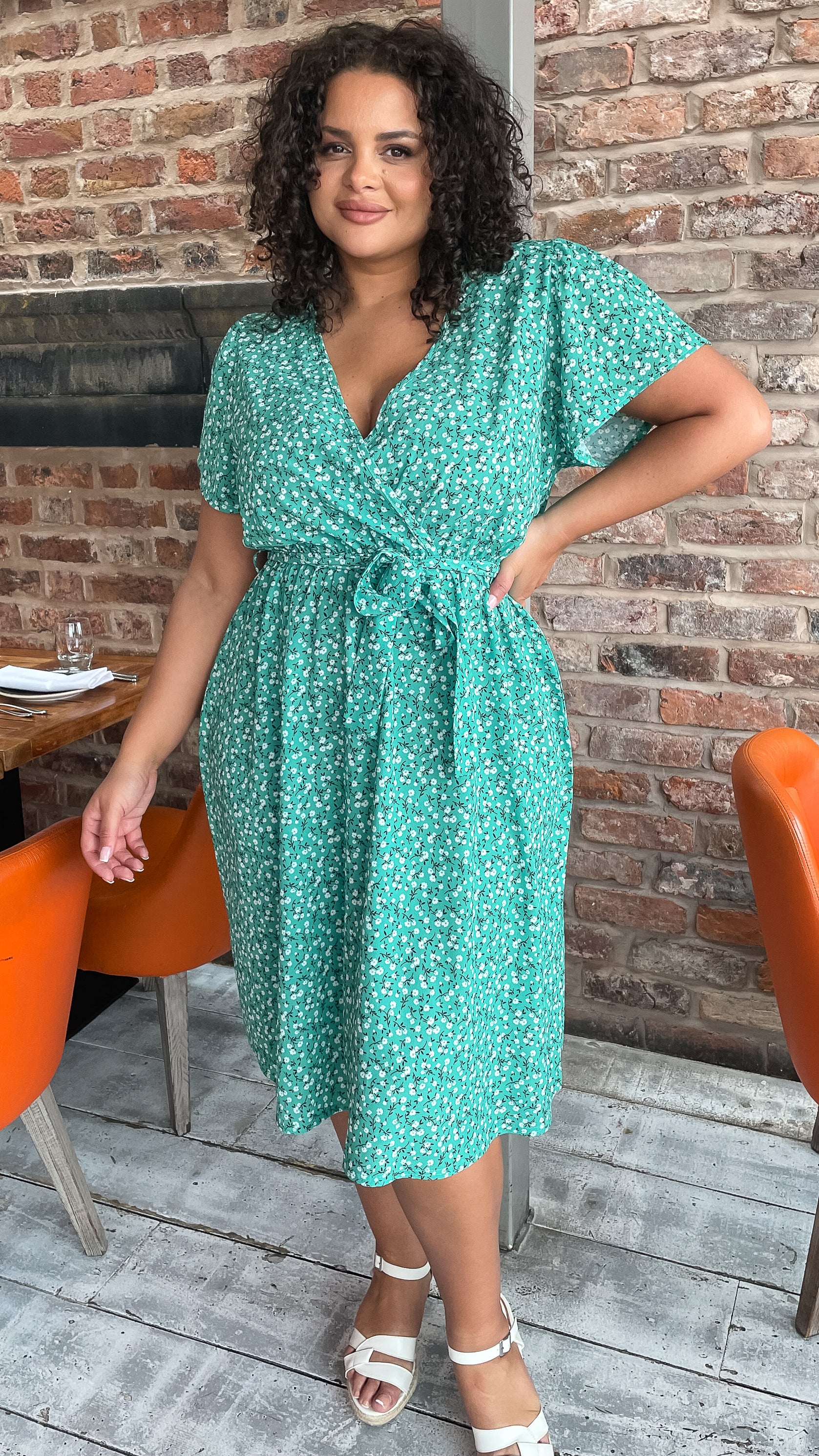 CurveWow Wrap Tea Dress Green Ditsy - Image 4