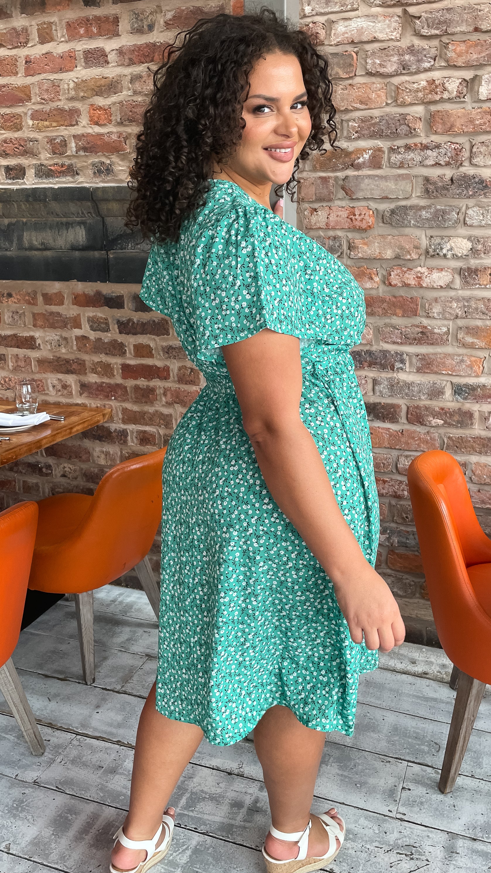 CurveWow Wrap Tea Dress Green Ditsy - Image 6