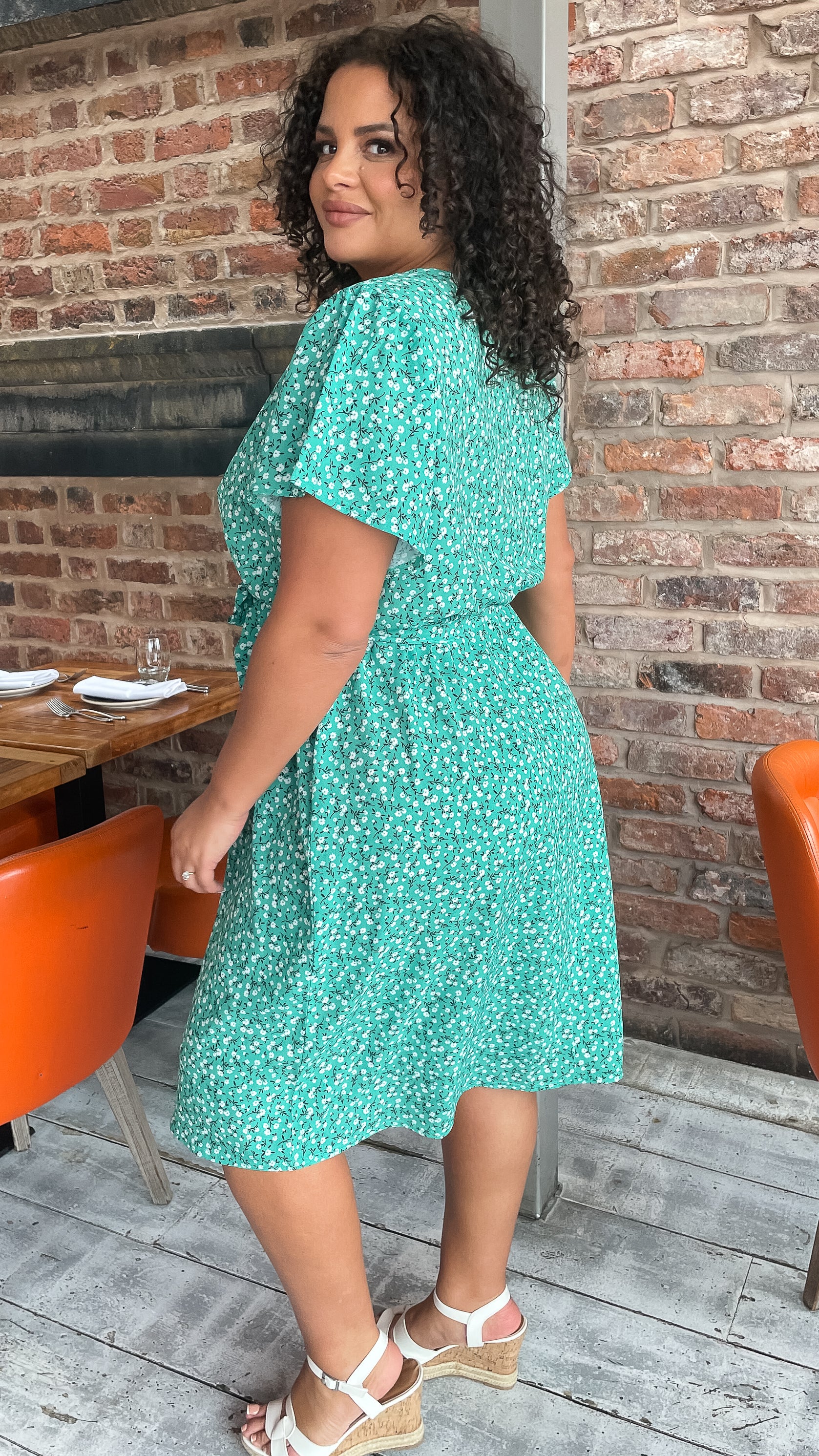 CurveWow Wrap Tea Dress Green Ditsy - Image 7