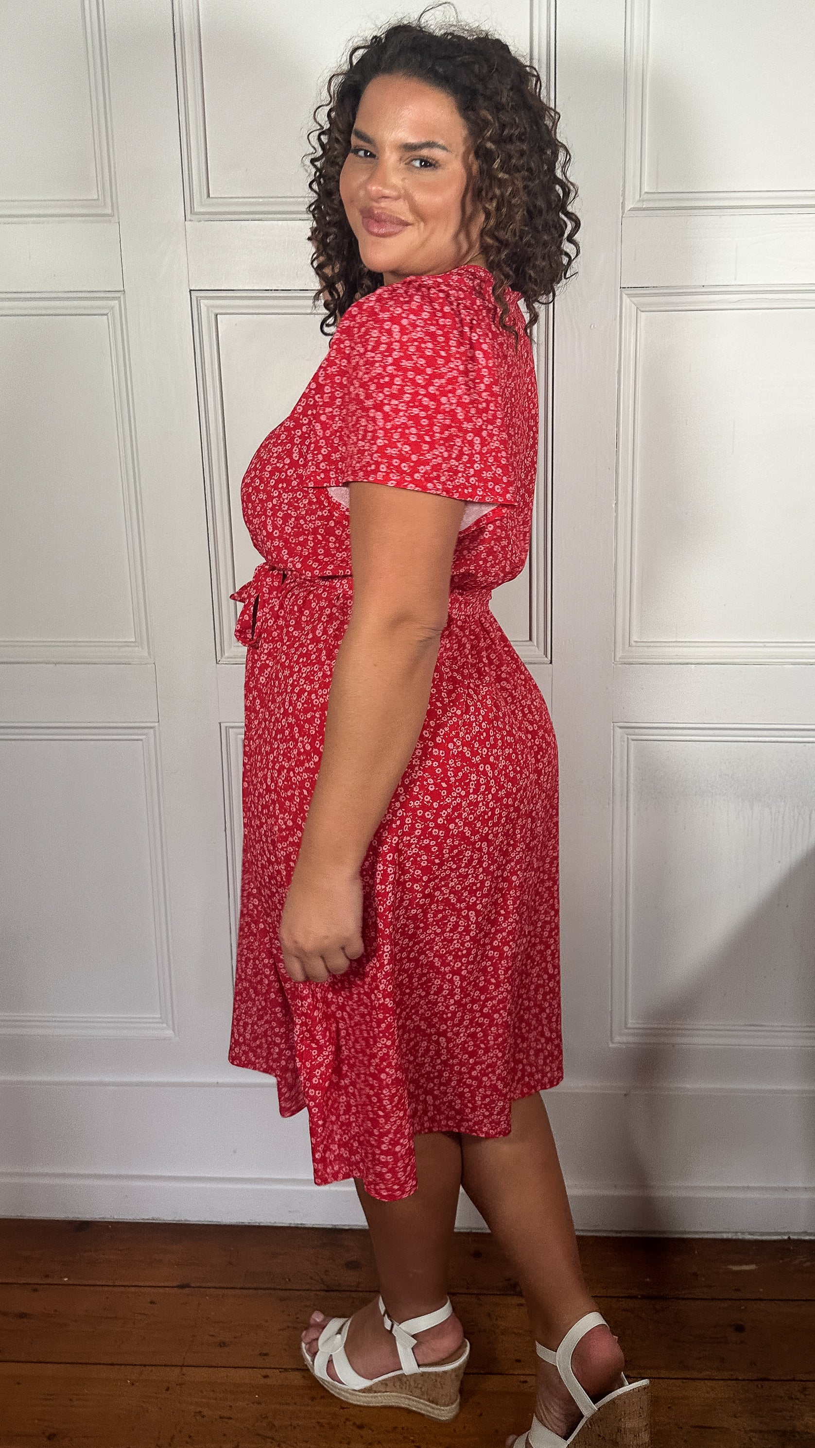 CurveWow Wrap Tea Dress Red Ditsy - Image 8