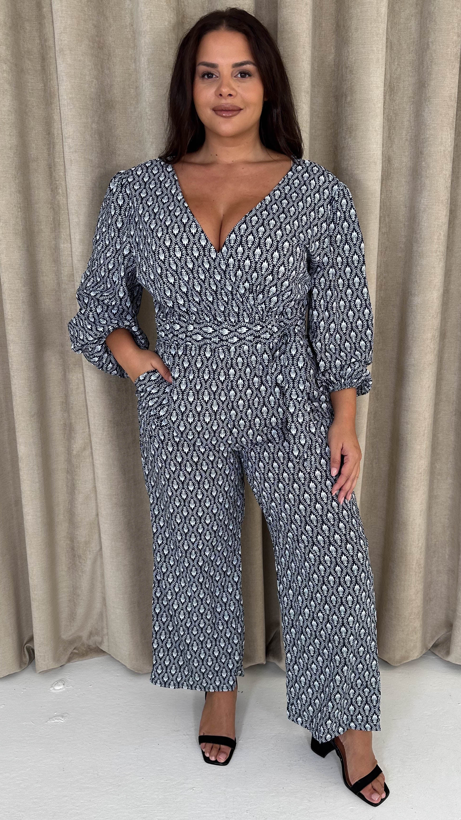 CurveWow Wrap Tie Side Jumpsuit Black Mono - Image 4