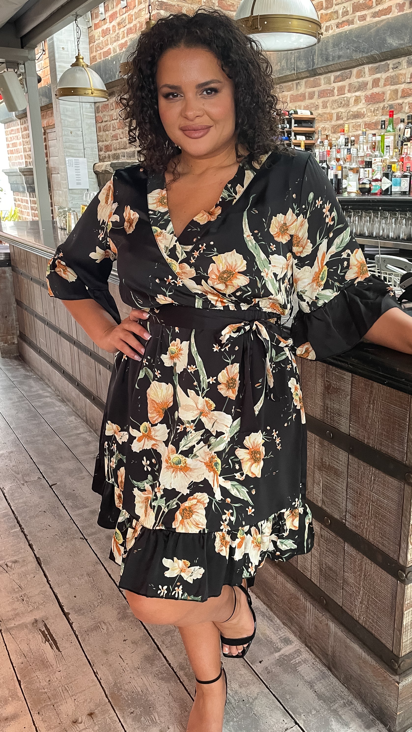 CurveWow Wrap Tie Waist Dress Black Floral - Image 4