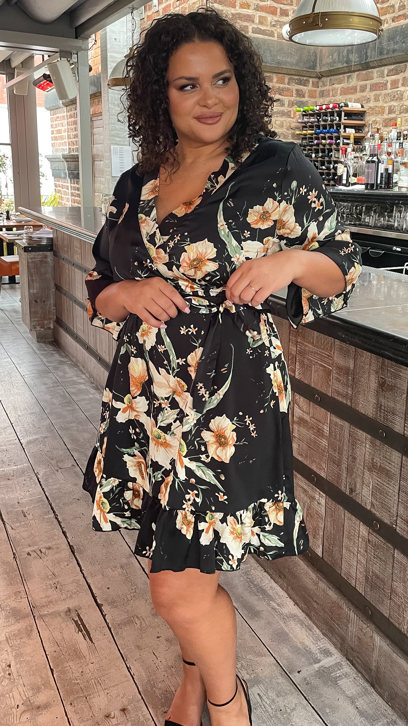 CurveWow Wrap Tie Waist Dress Black Floral - Image 6
