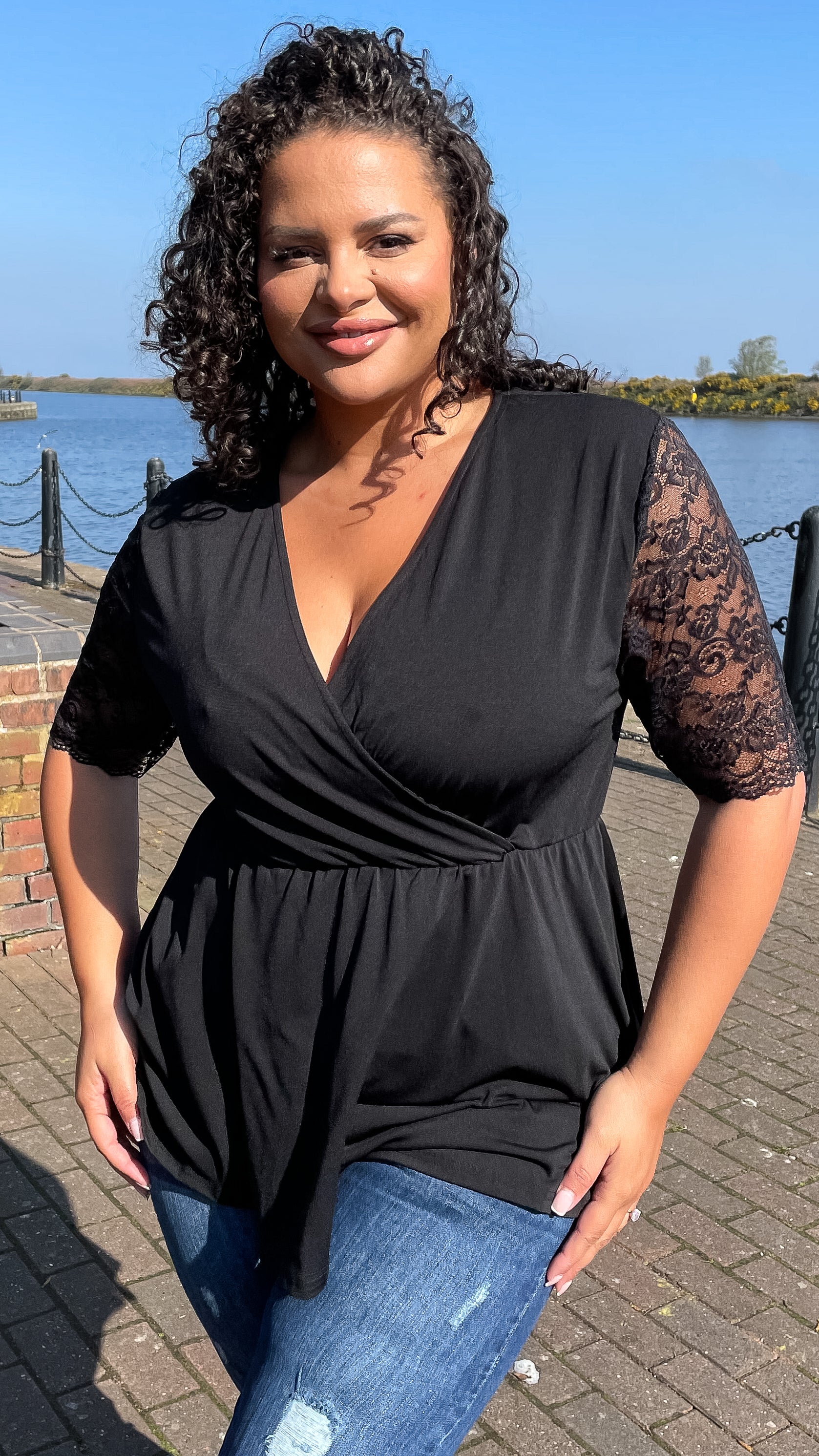 CurveWow Wrap Top With Lace Sleeves Black - Image 3