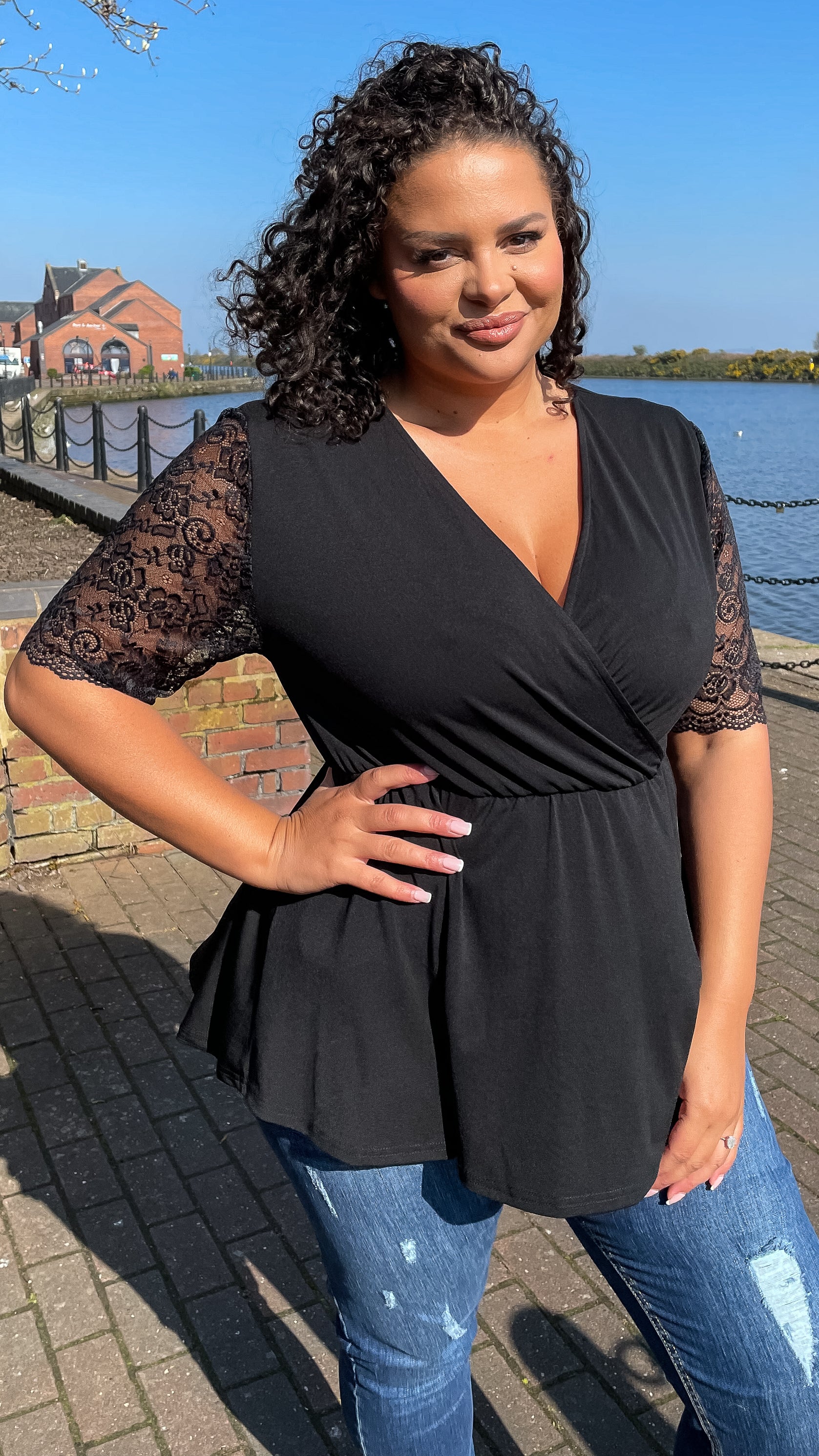 CurveWow Wrap Top With Lace Sleeves Black - Image 5