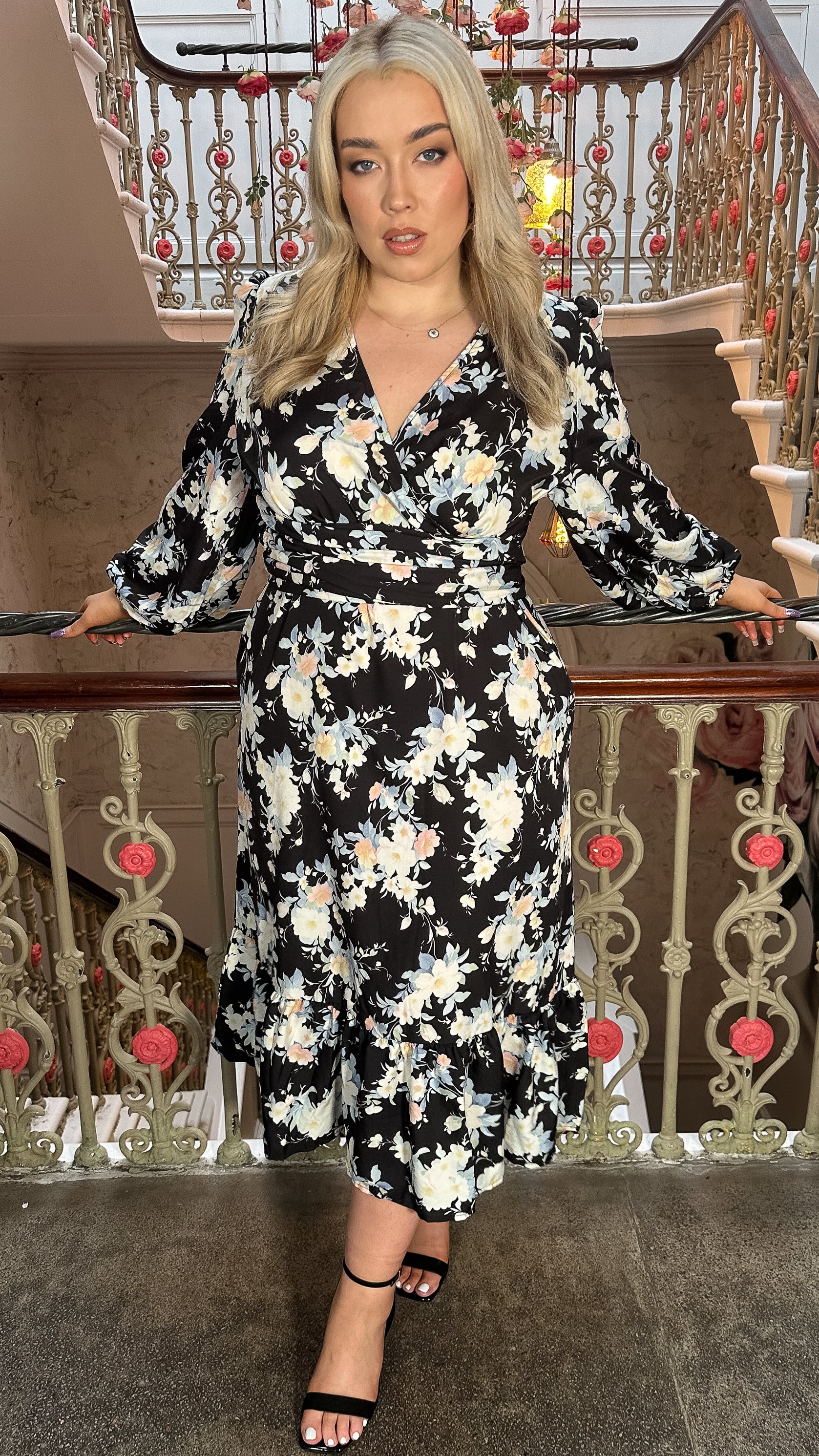 CurveWow Wrap Waist Tiered Hem Midi Dress Black Floral - Image 4