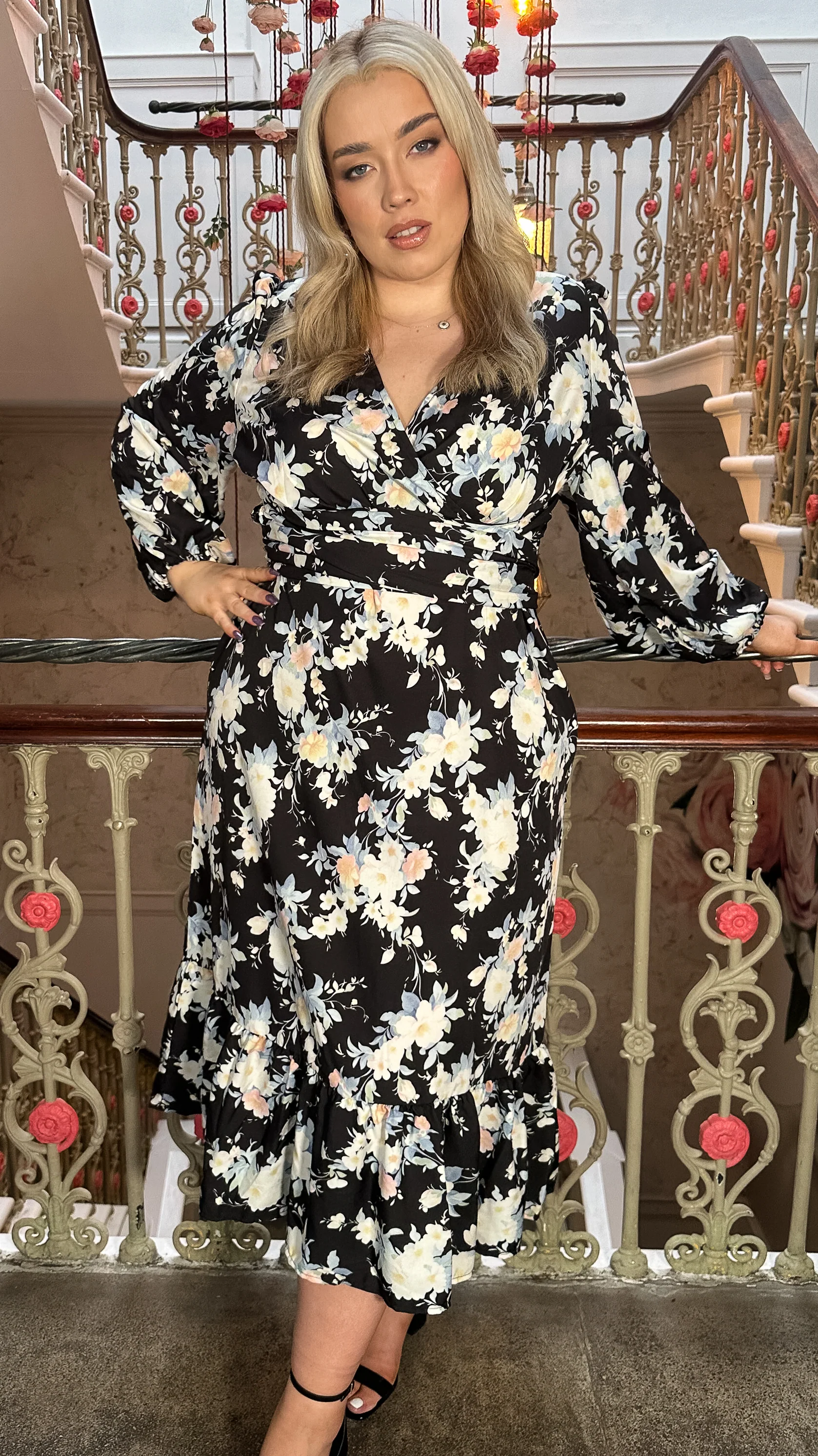 CurveWow Wrap Waist Tiered Hem Midi Dress Black Floral - Image 6