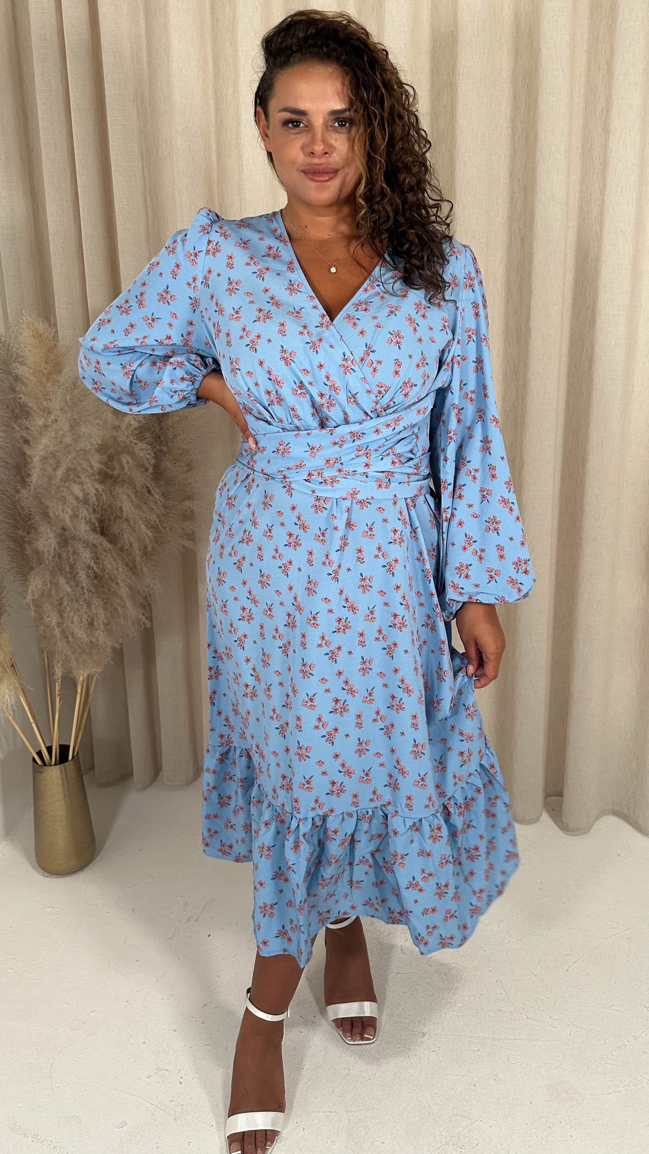 CurveWow Wrap Waist Tiered Hem Midi Dress Blue Ditsy Floral - Image 7