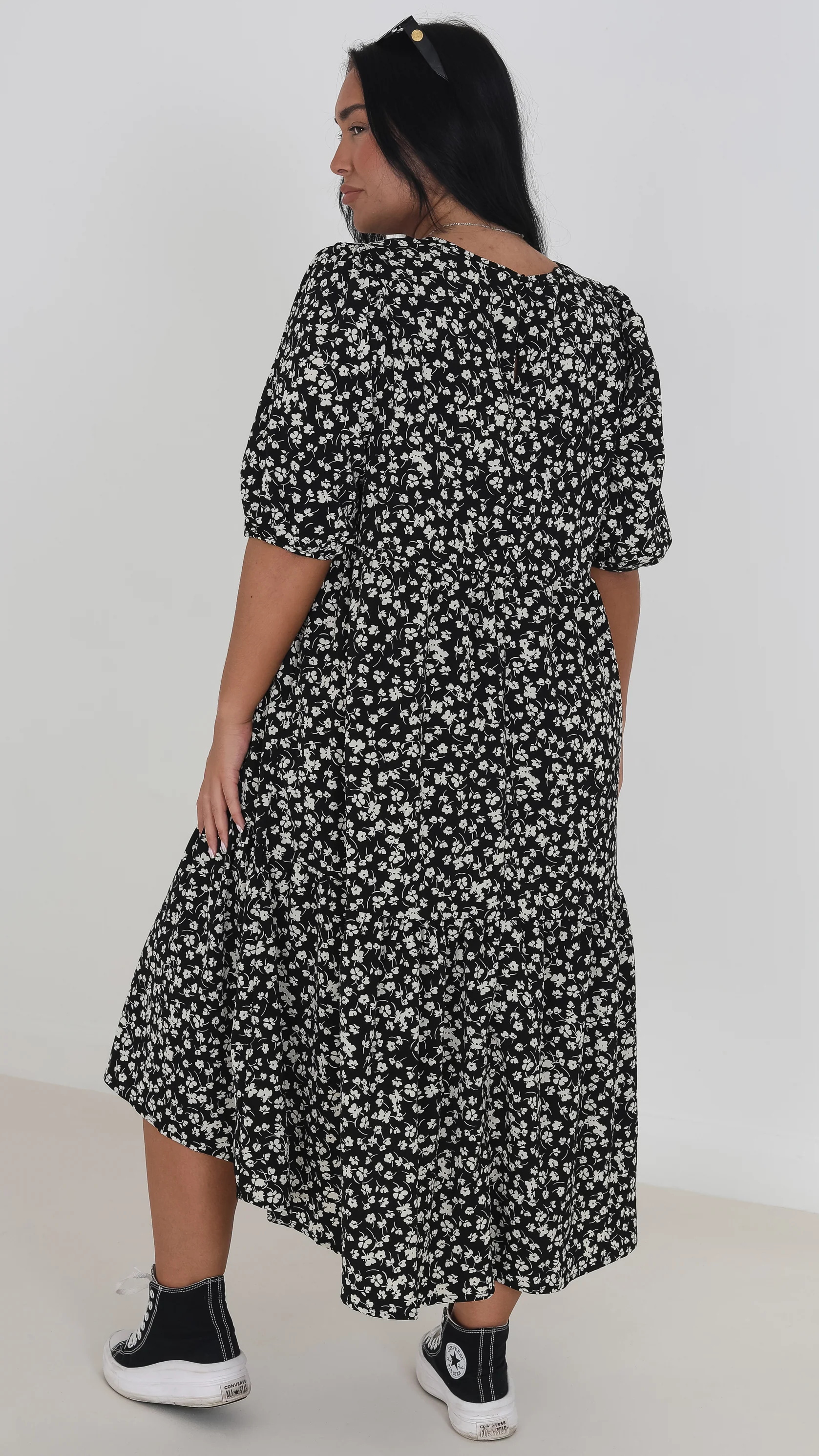Floral Smock Midi Dress Black - Image 3