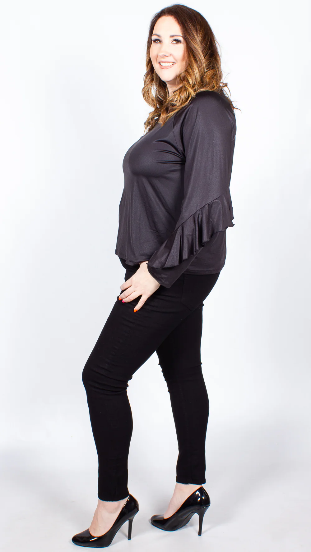 Jaimee Frill Long Sleeve Black Top - Image 6
