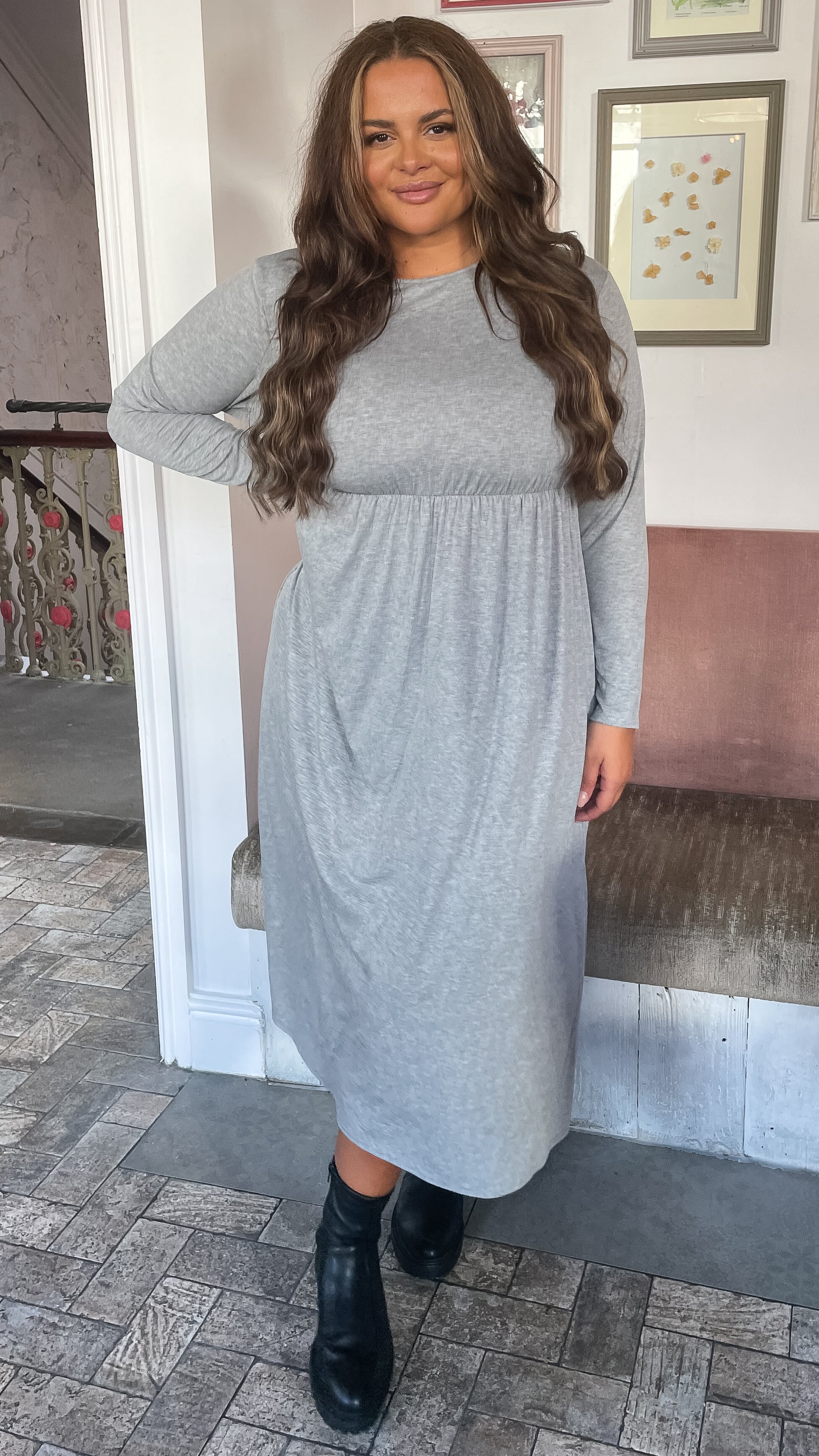 CurveWow Long Sleeve Jersey Pocket Midi Dress Grey Marl