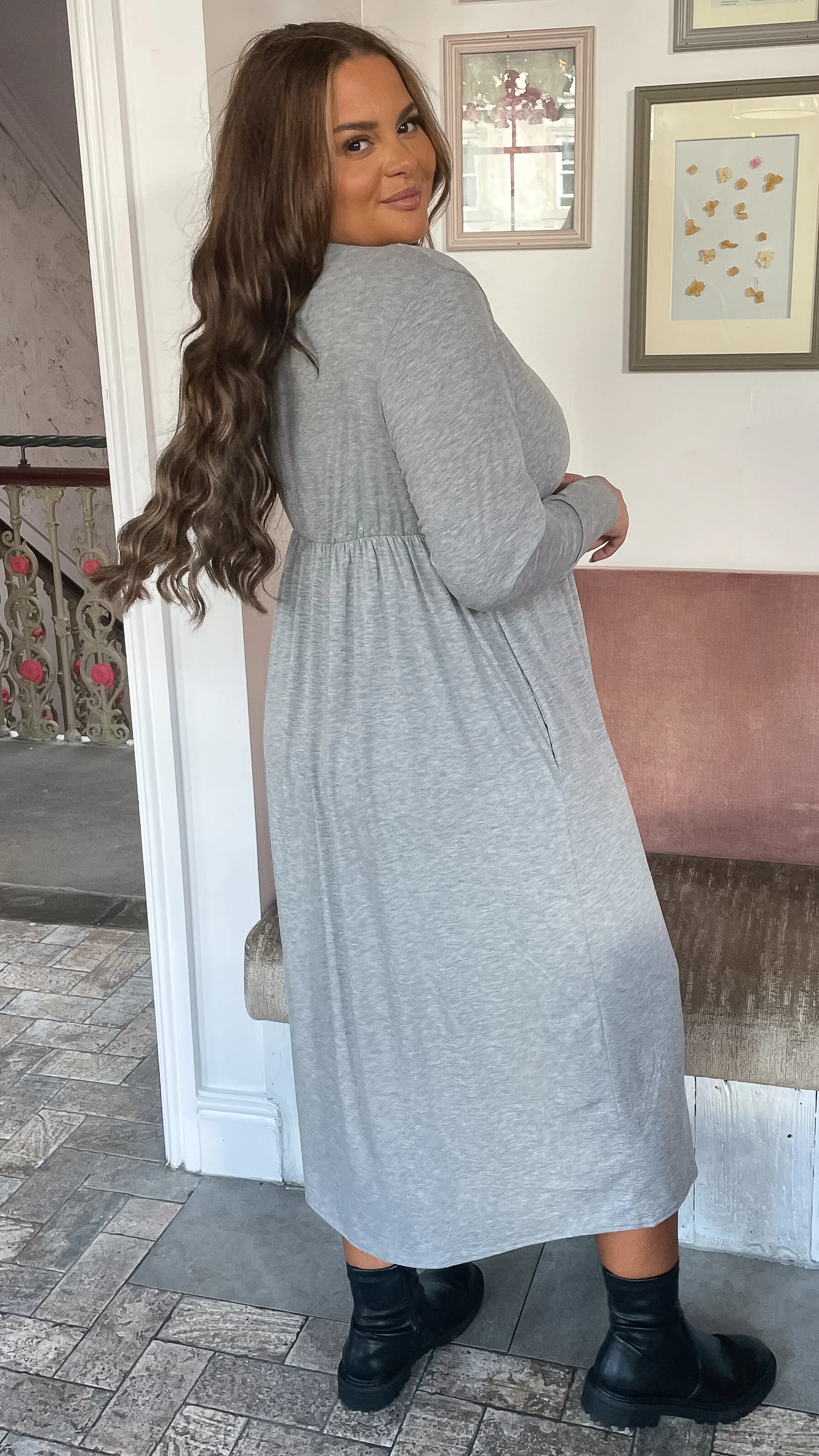 CurveWow Long Sleeve Jersey Pocket Midi Dress Grey Marl - Image 3