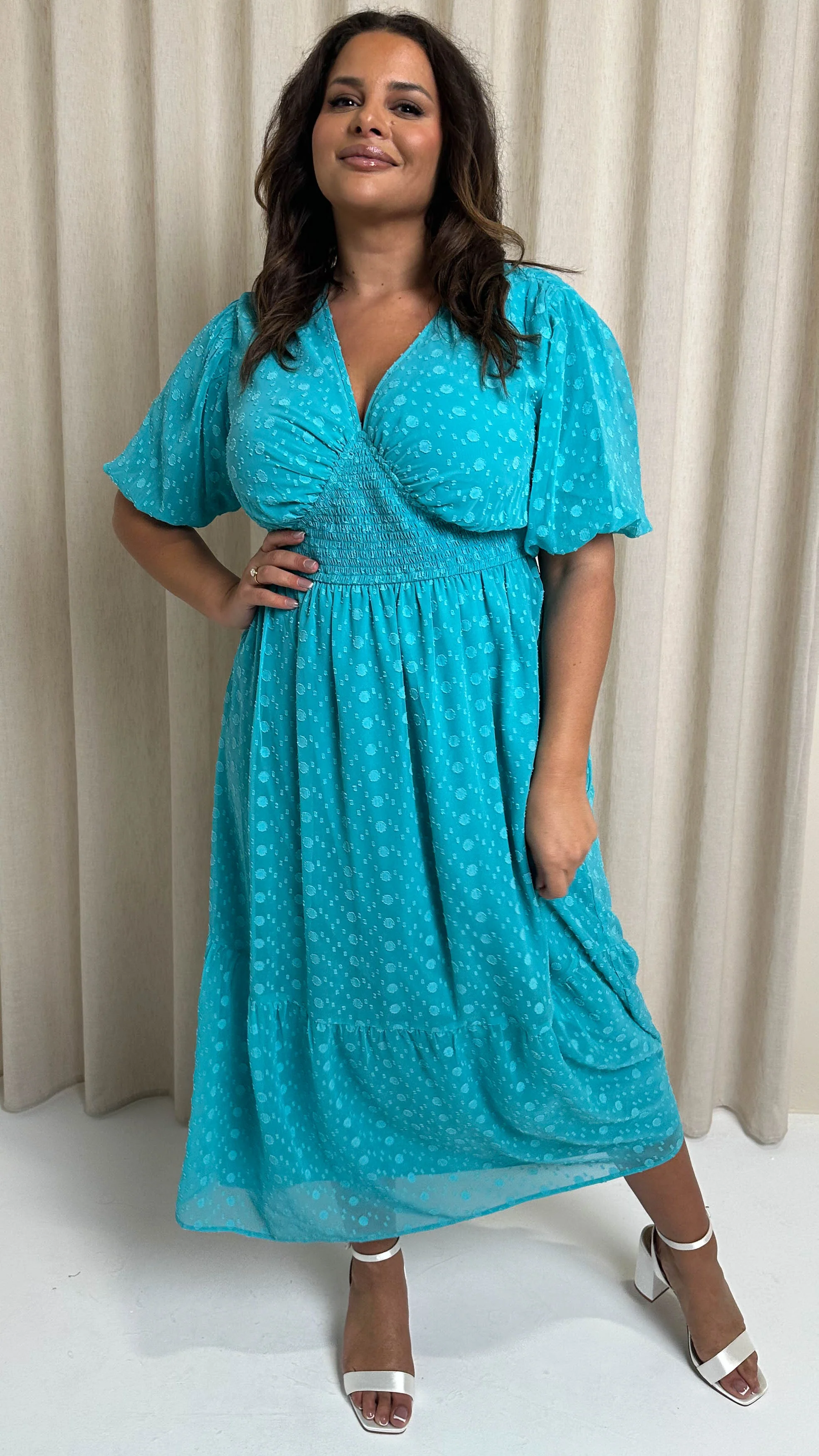 CurveWow Dobby Shiffly Puff Sleeve Vneck Maxi Dress Blue - Image 5
