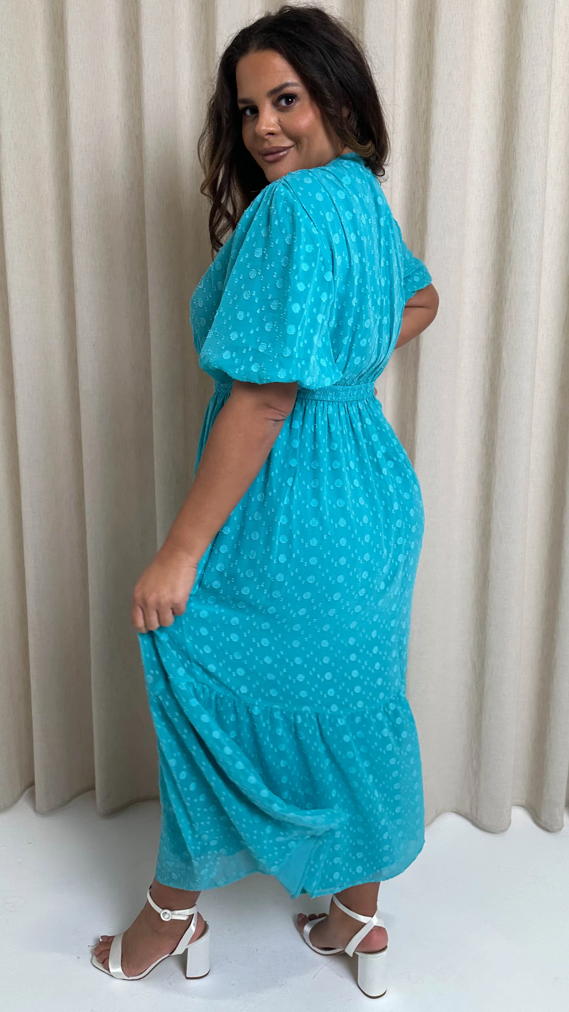 CurveWow Dobby Shiffly Puff Sleeve Vneck Maxi Dress Blue - Image 6