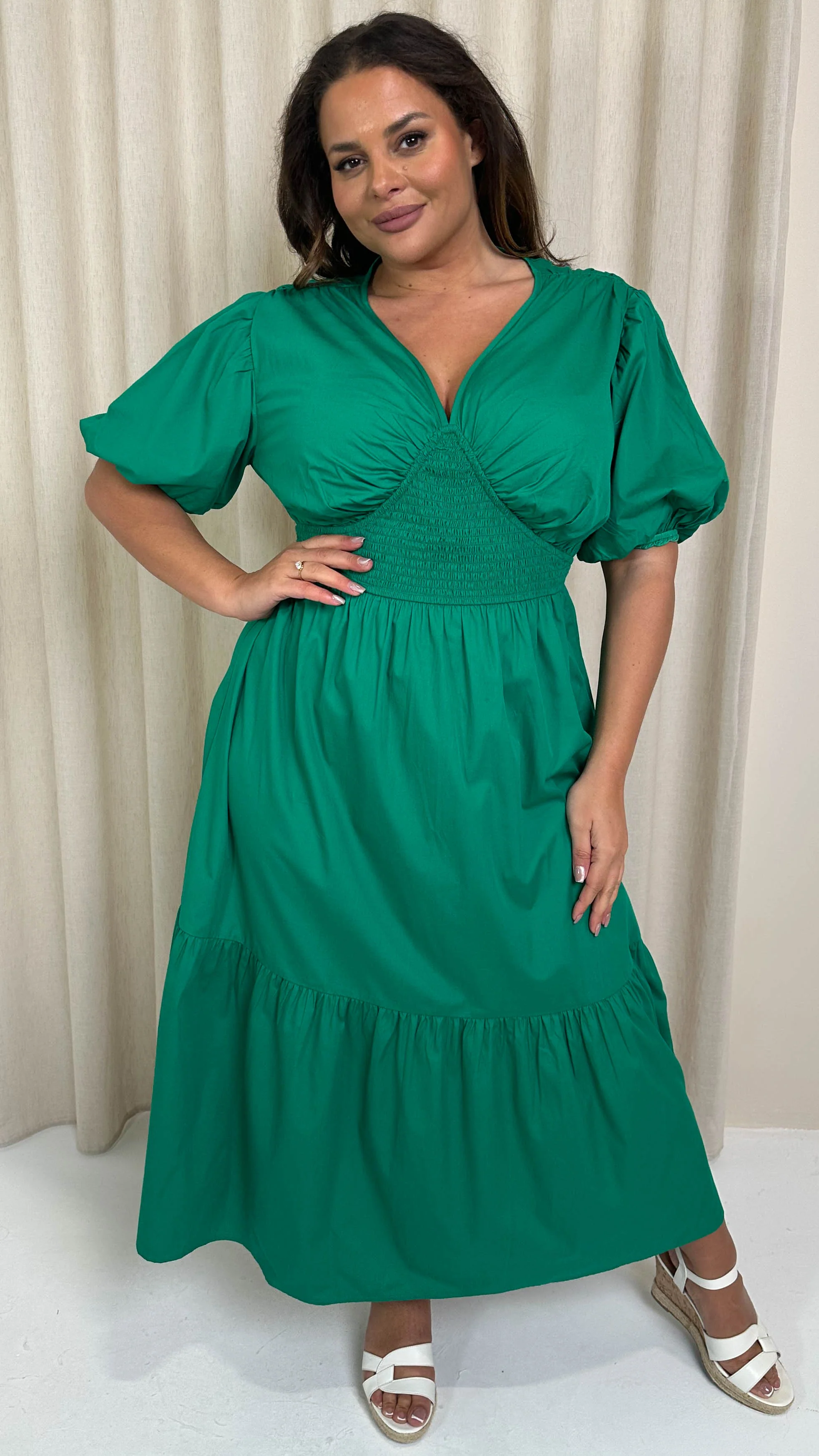 CurveWow Puff Sleeve Vneck Maxi Dress Emerald - Image 3