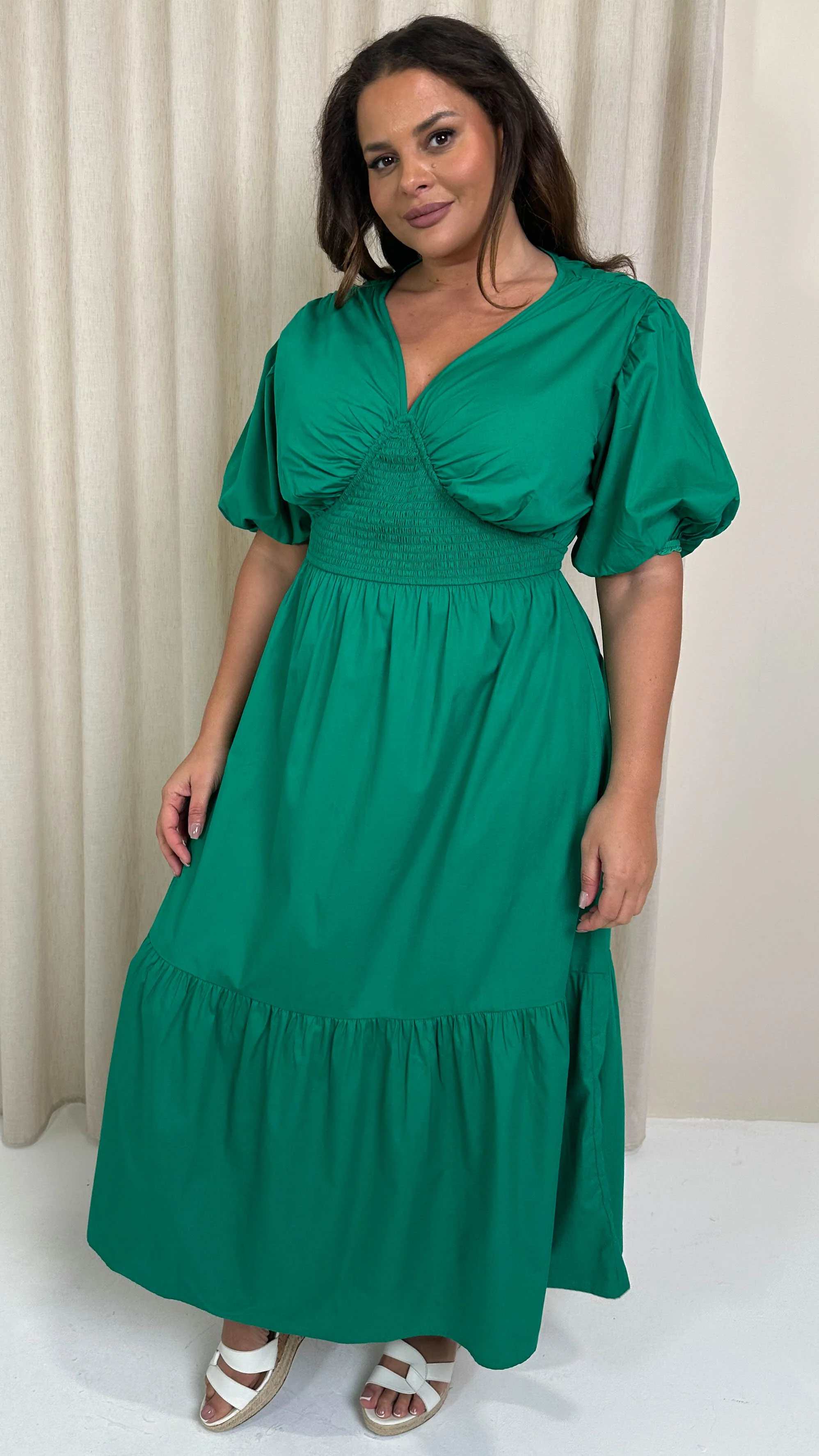 CurveWow Puff Sleeve Vneck Maxi Dress Emerald - Image 4