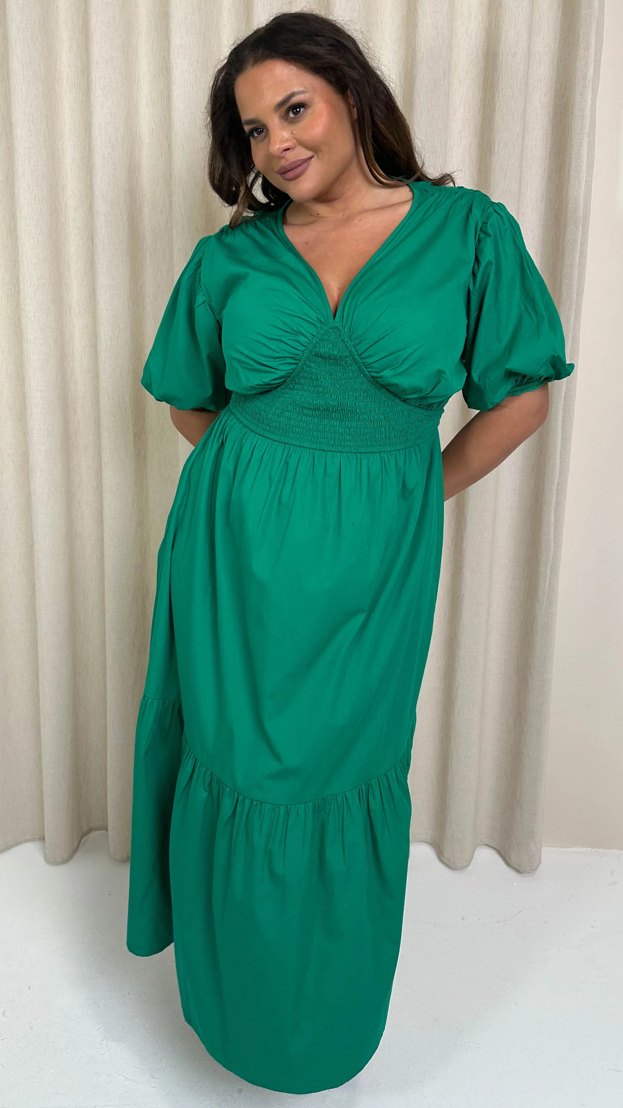 CurveWow Puff Sleeve Vneck Maxi Dress Emerald - Image 5