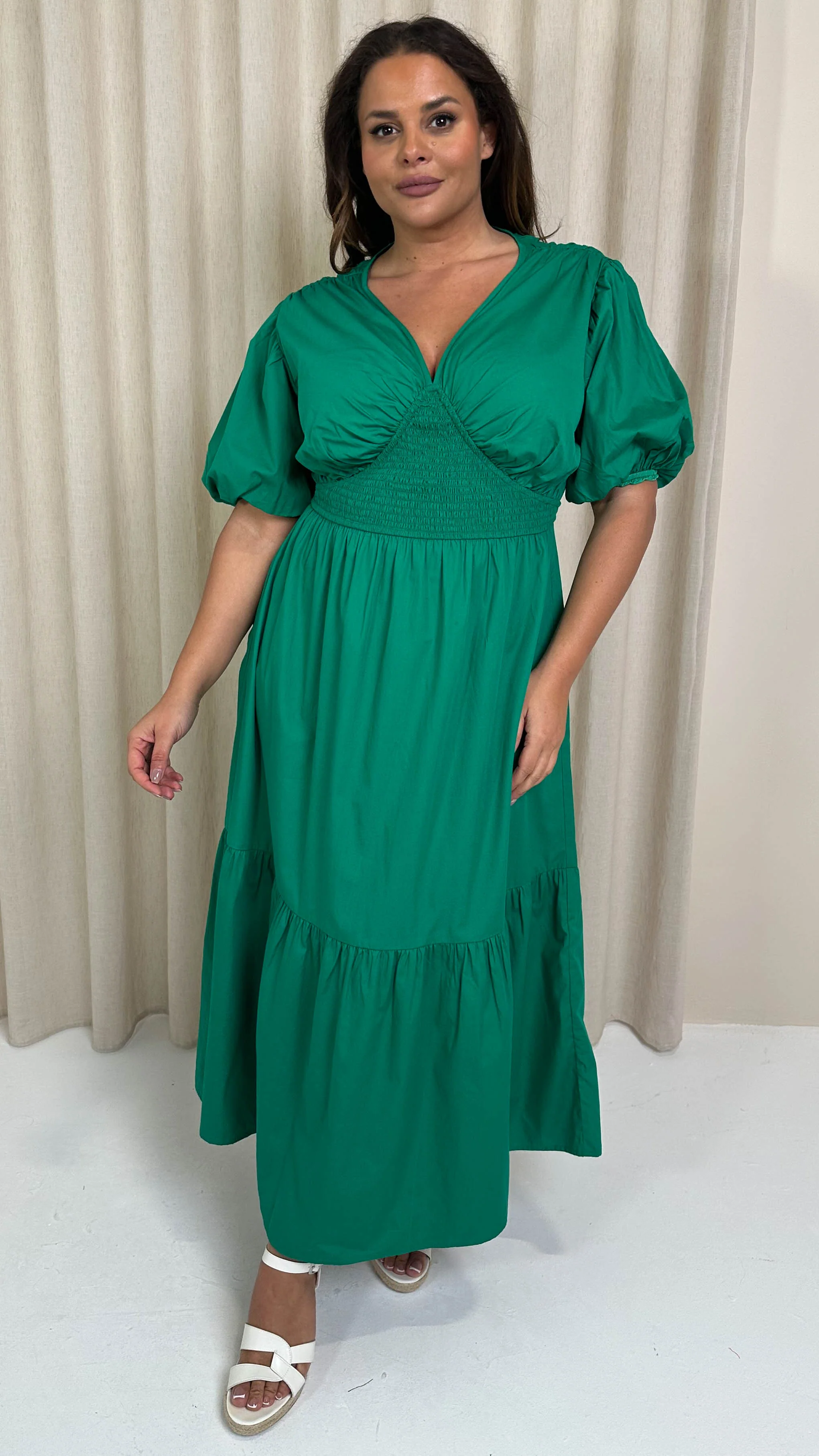 CurveWow Puff Sleeve Vneck Maxi Dress Emerald - Image 6