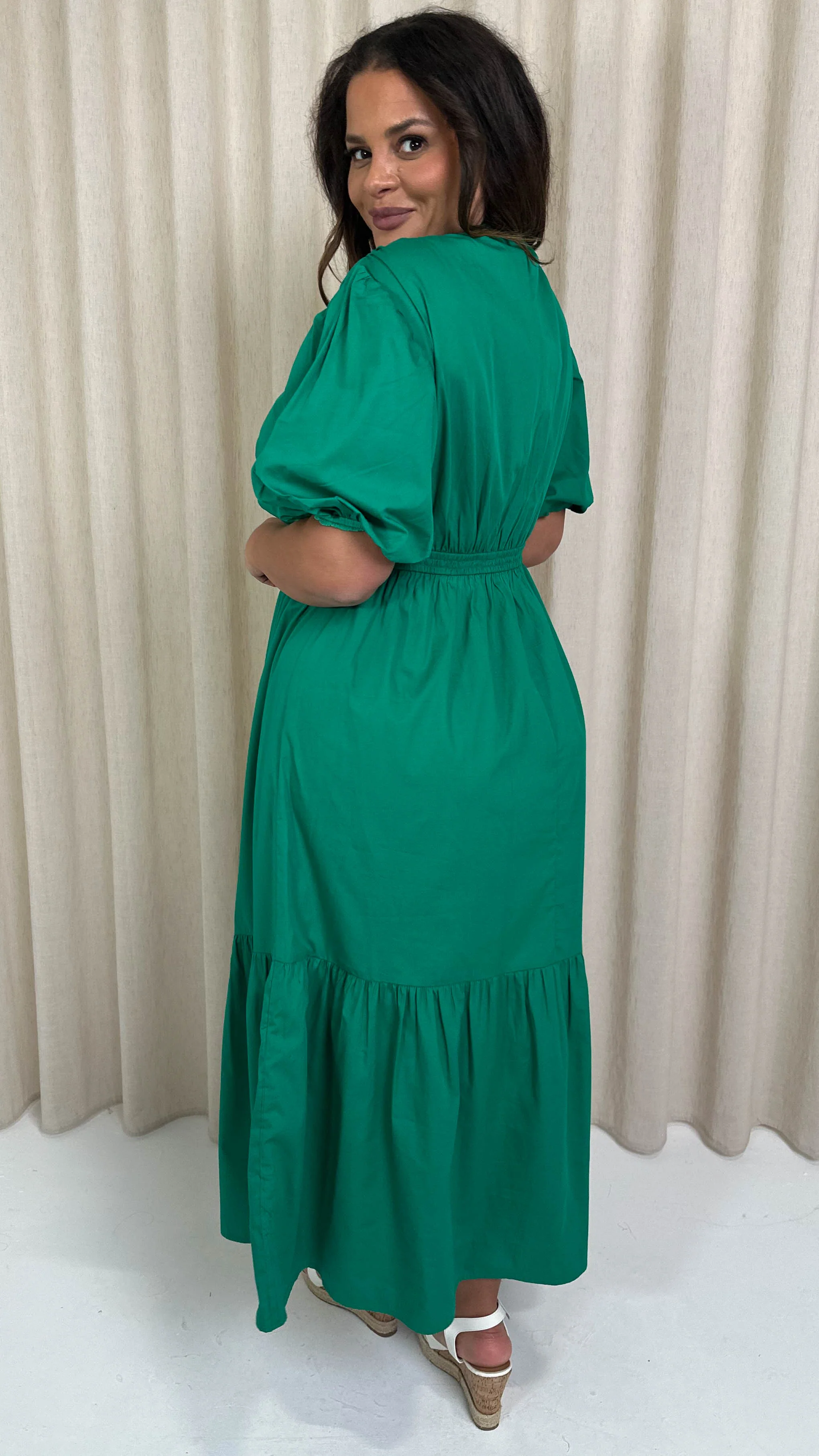 CurveWow Puff Sleeve Vneck Maxi Dress Emerald - Image 7